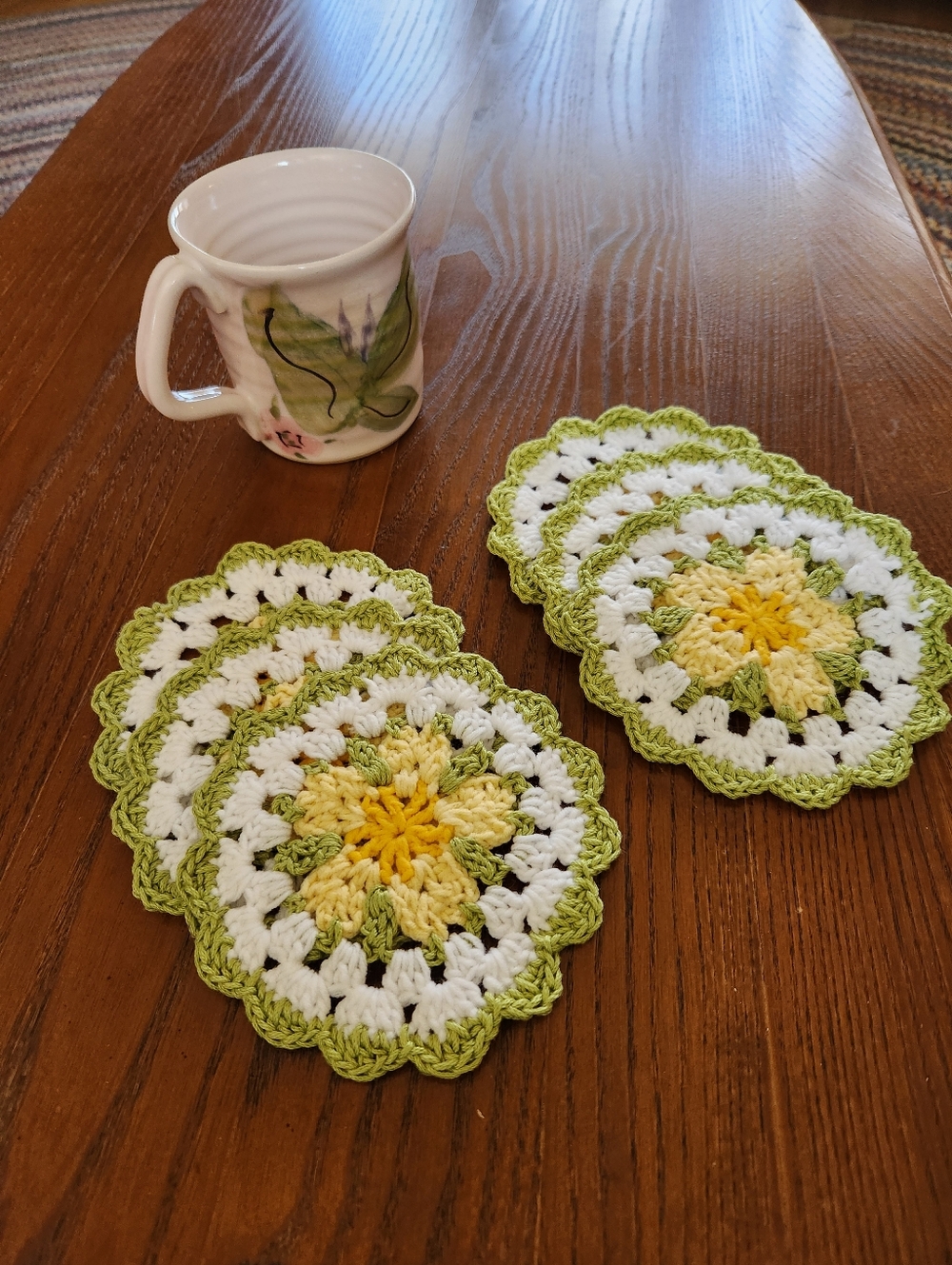 Coasters Handmade Crochet Floral in Yellow, White & Light Green